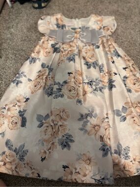 Bonnie Jean Cream Floral Satin Dress with Gray Bow
